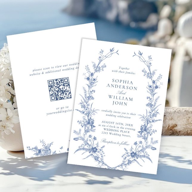 Convite Código QR de Casamento de Jardim Francês Azul Vito (Criador carregado)