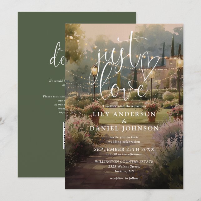 Convite Código QR de Casamento de Jardim Rústico Just Love (Frente/Verso)