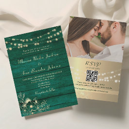 Convite Código QR de Casamento de Madeira Russo Emerald Gr