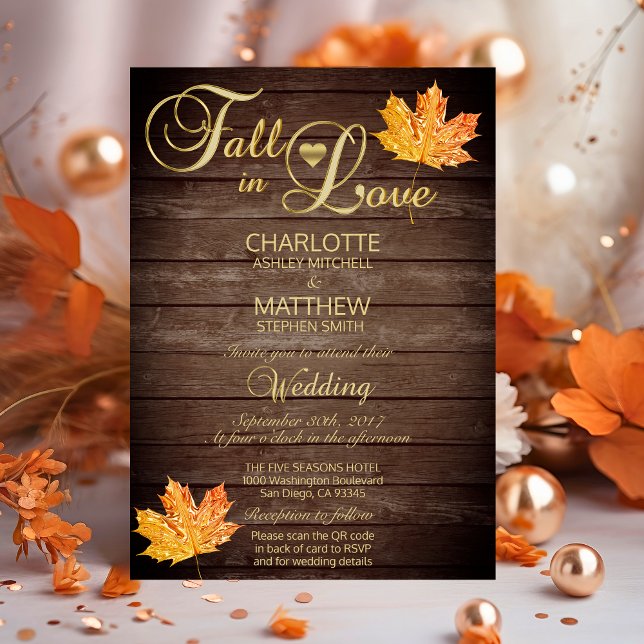 Convite Código QR de Casamento de Madeira Rústica AMOR (Elegant FALL in LOVE Rustic Wood Wedding QR Code Invitation)