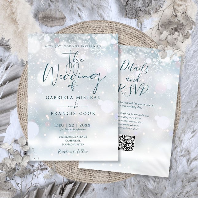 Convite Código QR de Casamento de Neve do País das Maravil (Winter Wonderland QR Code Snow Wedding Invitation)