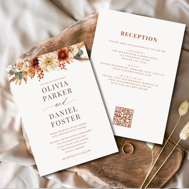 Convite Código QR de Casamento de outono Floral de outono (Criador carregado)