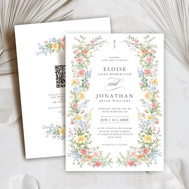 Convite Código QR de Casamento de Primavera com Flores Sil (Soft Pastel Ornate Spring Garden Floral QR code Wedding invitation)