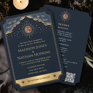 Convite Código QR de Casamento de Sun Moon Tarot, Dourado