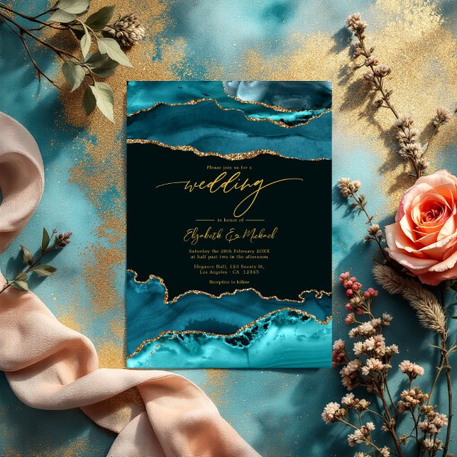 Convite Código QR de Casamento de Teal e Agato Dourado (Elegant Teal and Gold Agate Wedding QR Code Invitation)