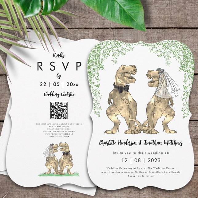 Convite Código QR de Casamento de Tema do Dinossauro (T-Rex bride and groom dinosaur  wedding invitation with website online rsvp qr code)