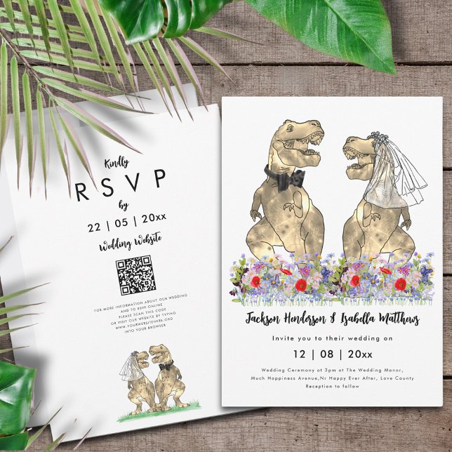 Convite Código QR de Casamento de Tema do Dinossauro (Dinosaur wedding QR code invitation T-Rex bride and groom in colorful prehistoric wildflower meadow)