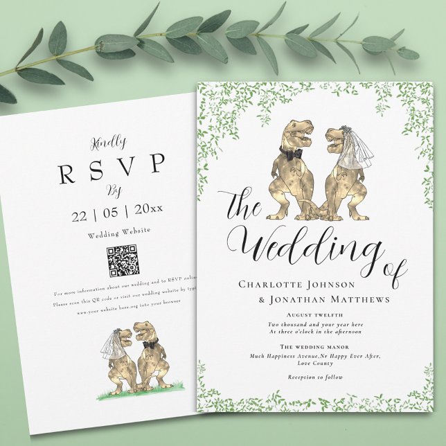Convite Código QR de Casamento de Tema do Dinossauro (Botanical dinosaur wedding invitation with elegant script  watercolor eucalyptus foliage and qr code)