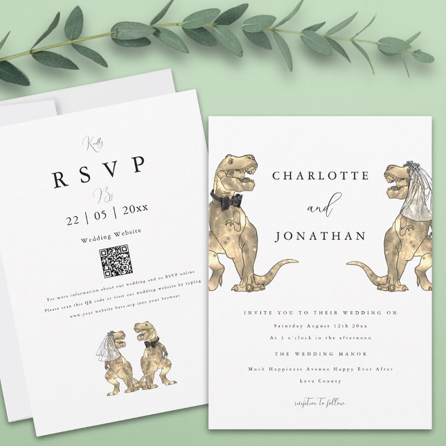 Convite Código QR de Casamento de Tema do Dinossauro (T-Rex bride and groom funny dinosaur wedding qr code invitation )