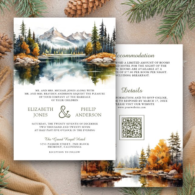 Convite Código QR de Casamento do Lago da Floresta da Mont (Criador carregado)