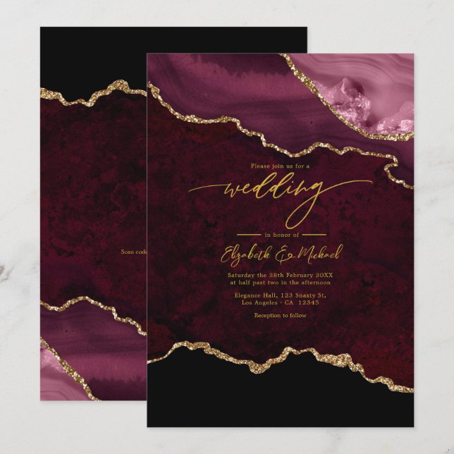 Convite Código QR de Casamento Elegante em Burgundy e Dour (Frente/Verso)