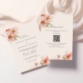 Convite Código QR de casamento elegante em rosa com flores