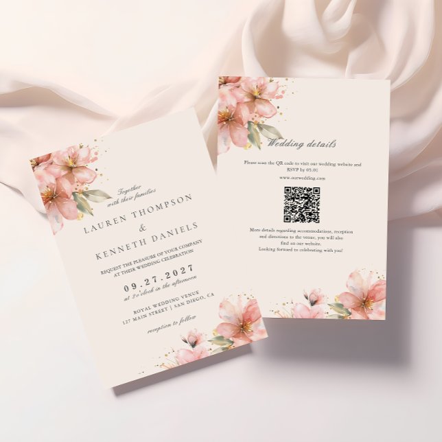 Convite Código QR de casamento elegante em rosa com flores (Criador carregado)