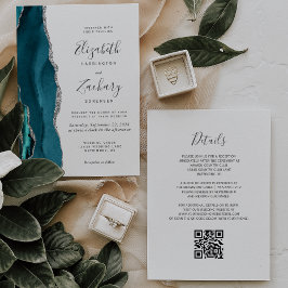 Convite Código QR de Casamento em Ágata Prateada Verde Tur