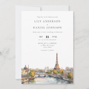 Convite Código QR de casamento em aquarela romântica Paris