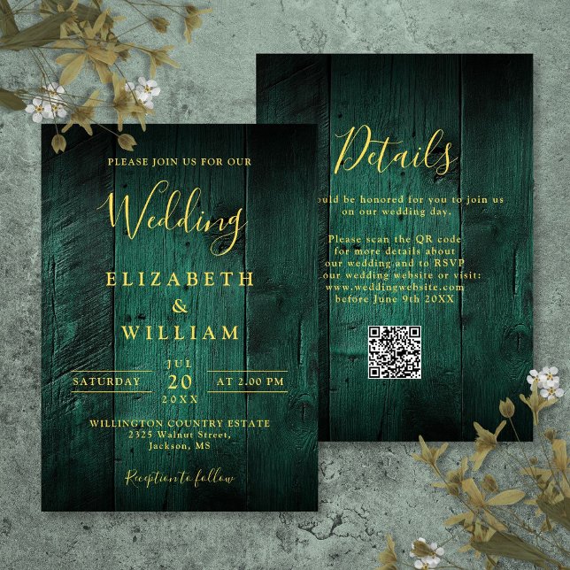 Convite Código QR de Casamento em Madeira de Celeiro Rústi (Emerald Green Rustic Barn Wood Wedding QR Code Invitation)