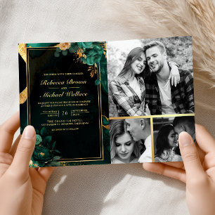 Convite Código QR de Casamento em Mármore Floral Dourado E