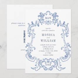 Convite Código QR de casamento em moldura azul empoeirada 