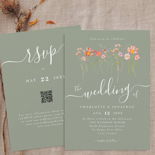 Convite Código QR de casamento em verde salgueiro outono b (Wildflower floral sage green Wedding qr code invitation Watercolor meadow flowers elegant script)