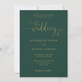 Convite Código QR de Casamento Emerald And Gold Heart Scri