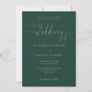 Convite Código QR de Casamento Emerald And Gold Heart Scri