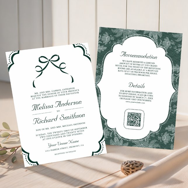 Convite Código QR de casamento Emerald White Lace Coquette (Criador carregado)