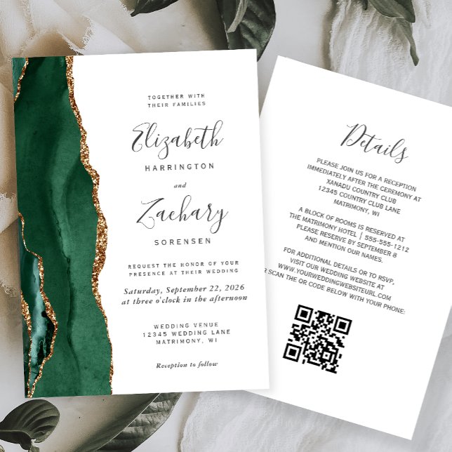 Convite Código QR de Casamento Esmeralda Verde Ágata Doura (Criador carregado)