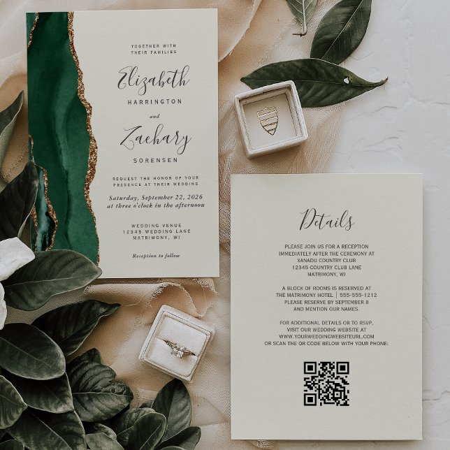 Convite Código QR de Casamento Esmeralda Verde Ouro Ágata  (Criador carregado)