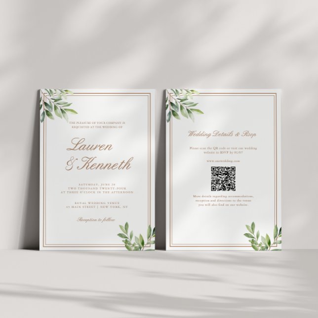 Convite Código QR de Casamento Eucalyptus de Taupe Leve (Criador carregado)