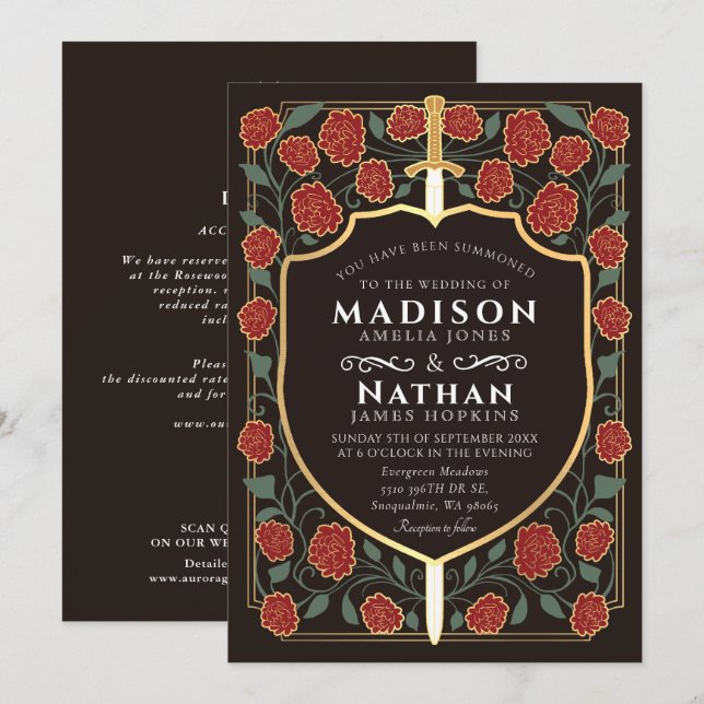 Convite Código QR de Casamento Fantasia com Escudo de Espa (Frente/Verso)