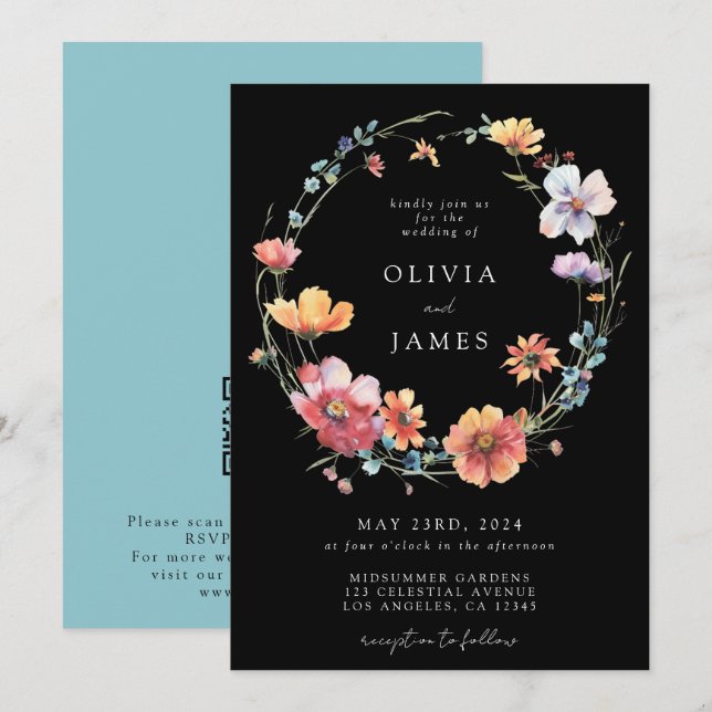 Convite Código QR de Casamento Flor Selvagem Preta (Frente/Verso)