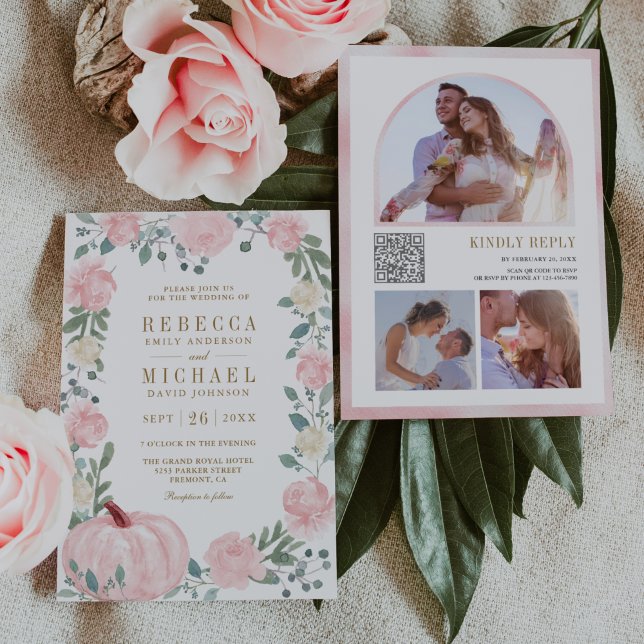 Convite Código QR de Casamento Floral Abóbora Rosa Desbota (Criador carregado)