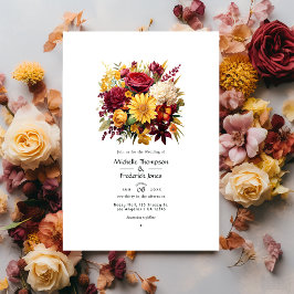 Convite Código QR de Casamento Floral Amarelo Maroon