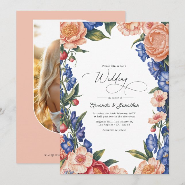 Convite Código QR de Casamento Floral Azul e Pêssego Elega (Frente/Verso)