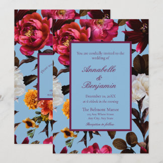 Convite Código QR de casamento floral azul poeirento e bur