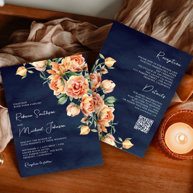 Convite Código QR de Casamento Floral Bege Terroso Naval R (Criador carregado)