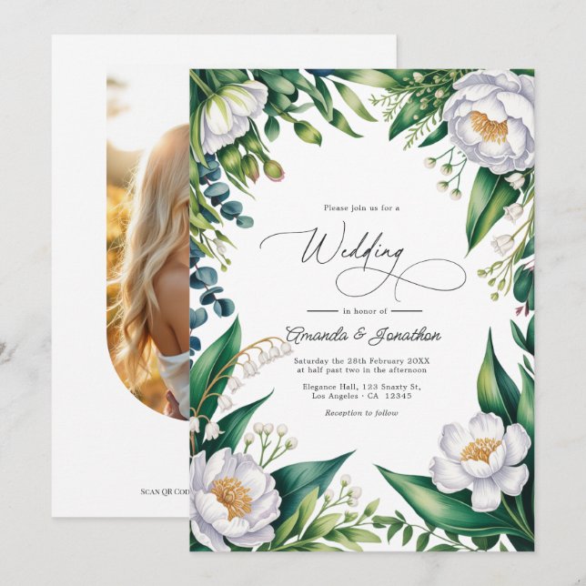 Convite Código QR de casamento floral botânico verde e bra (Frente/Verso)