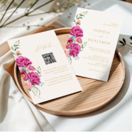 Convite Código QR de casamento floral cor-de-rosa vibrante