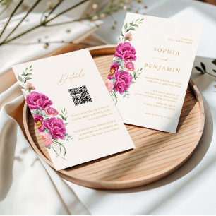 Convite Código QR de casamento floral cor-de-rosa vibrante