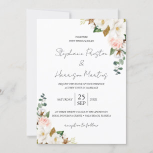 Convite Código QR de Casamento Floral de Magnolia Branca e