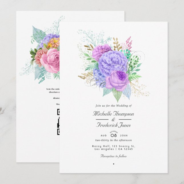 Convite Código QR de Casamento Floral de Primavera Rsvp (Frente/Verso)