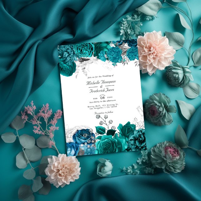 Convite Código QR de Casamento Floral de Teal e Prata Rsvp (Criador carregado)