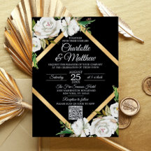 Código QR de Casamento Floral Dourado Preto Preto 