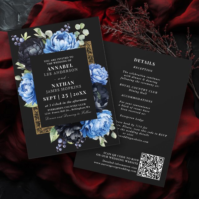Convite Código QR de Casamento Floral Elegante Preto e Azu (Criador carregado)