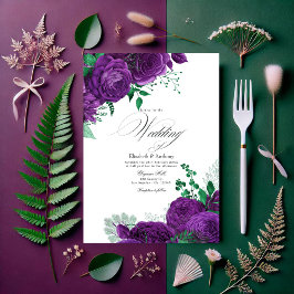 Convite Código QR de Casamento Floral Elegante Roxo e Verd