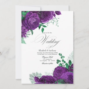 Convite Código QR de Casamento Floral Elegante Roxo e Verd