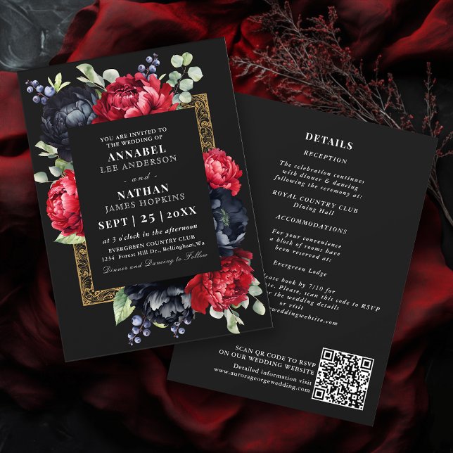 Convite Código QR de Casamento Floral Elegante Vermelho e  (Criador carregado)