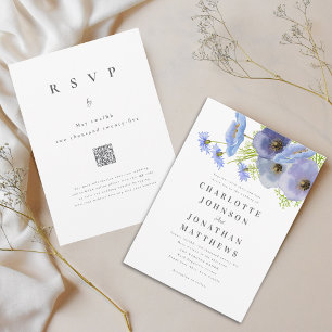 Convite Código QR de casamento floral em aquarela azul ele