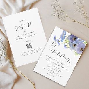 Convite Código QR de Casamento Floral em Aquarela Azul Ele