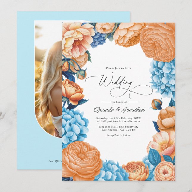 Convite Código QR de casamento floral em aquarela rosa e a (Frente/Verso)